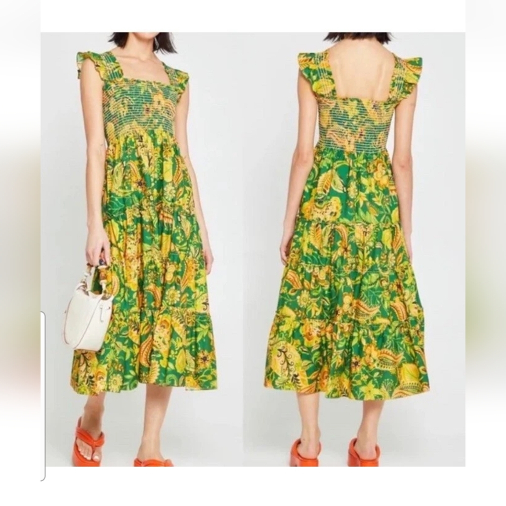 KOURT Calypso Tropical Floral Plant Print Green Tiered Maxi Dress Womans XL